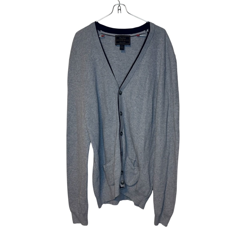 Jos. A. Bank Mens Sweater Cardigan V-Neck Cotton Silk Gray Navy Trim XL